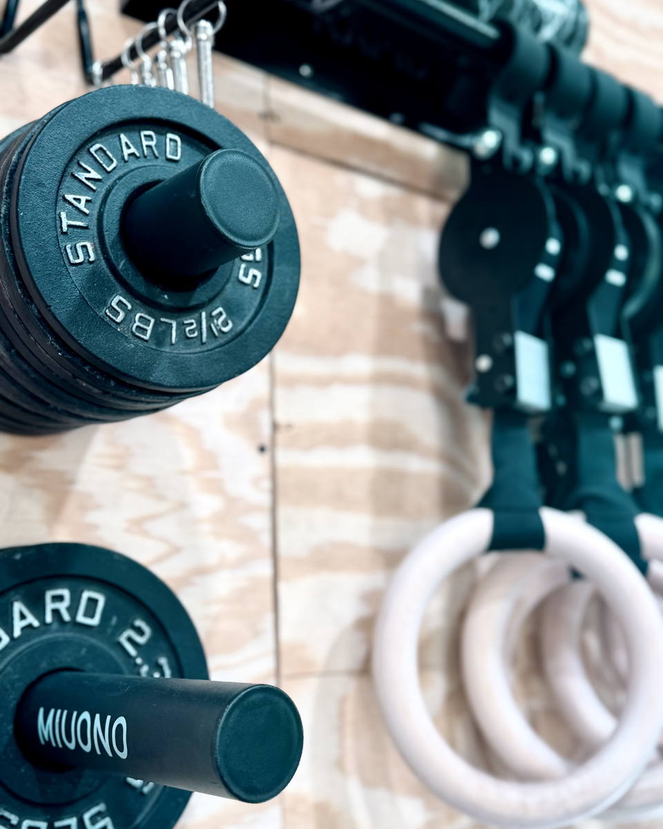 Loaded barbells stored upright beside a row of wooden gymnastic rings.